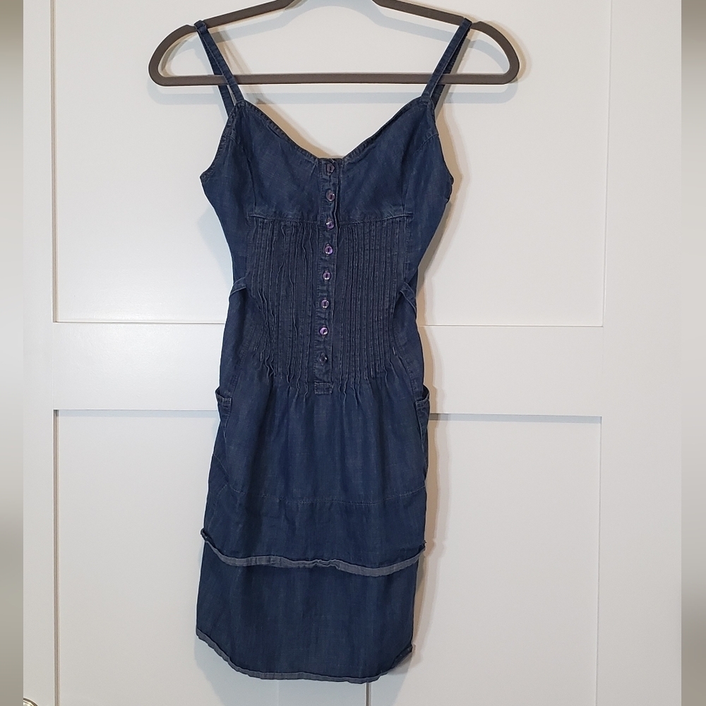 Zd Tencel & Cotton Denim Mini Dress Tiered Popover Stretchy Pockets Tie Back XS